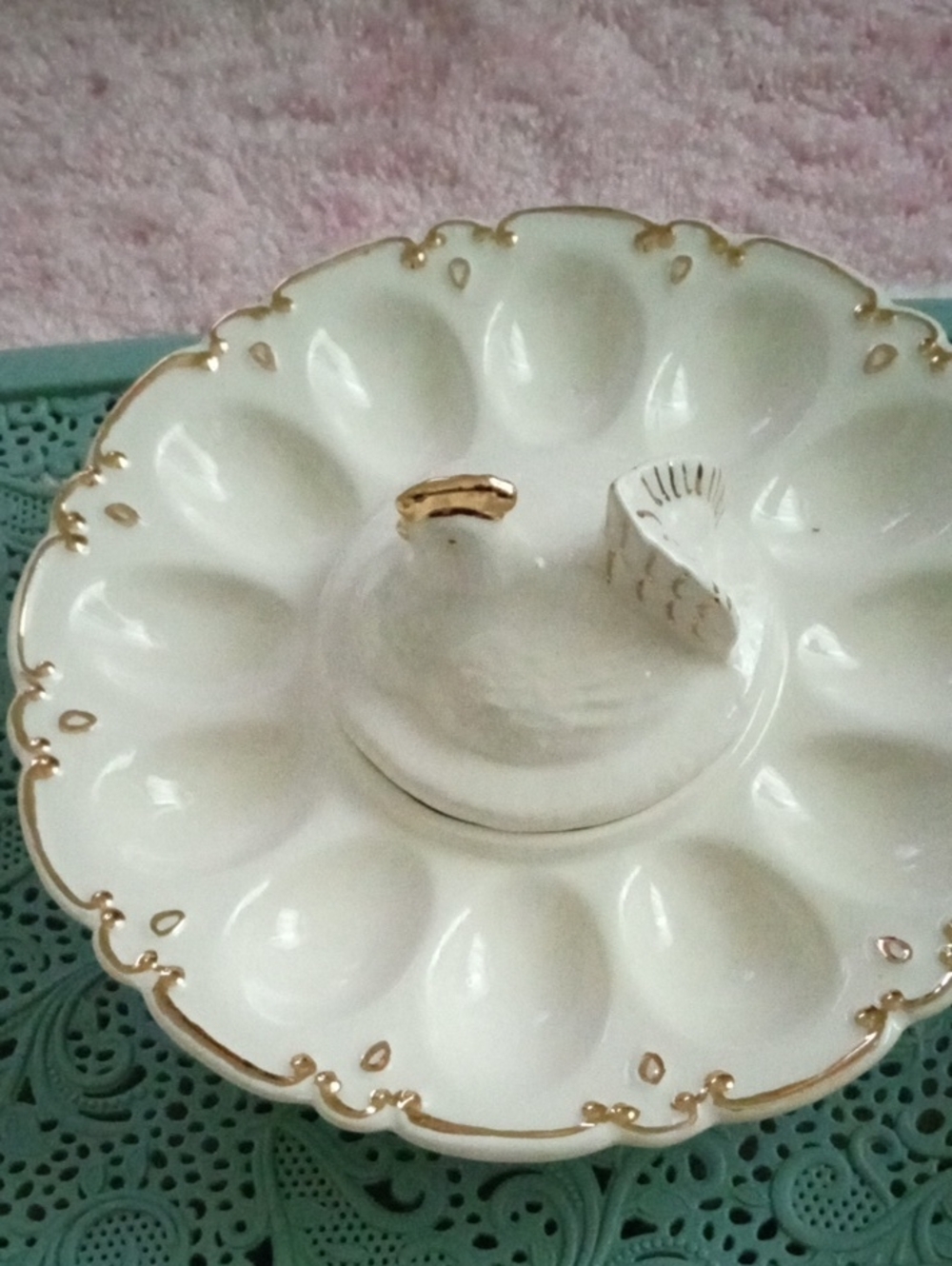 Elegant White Porcelain Egg Tray with Gold Trim